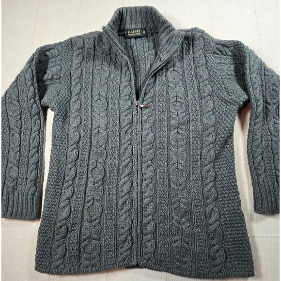 Blarney Wool Cable Knit Fisherman Sweater Cardigan Medium Full Zip Moss Green - Picture 1 of 16